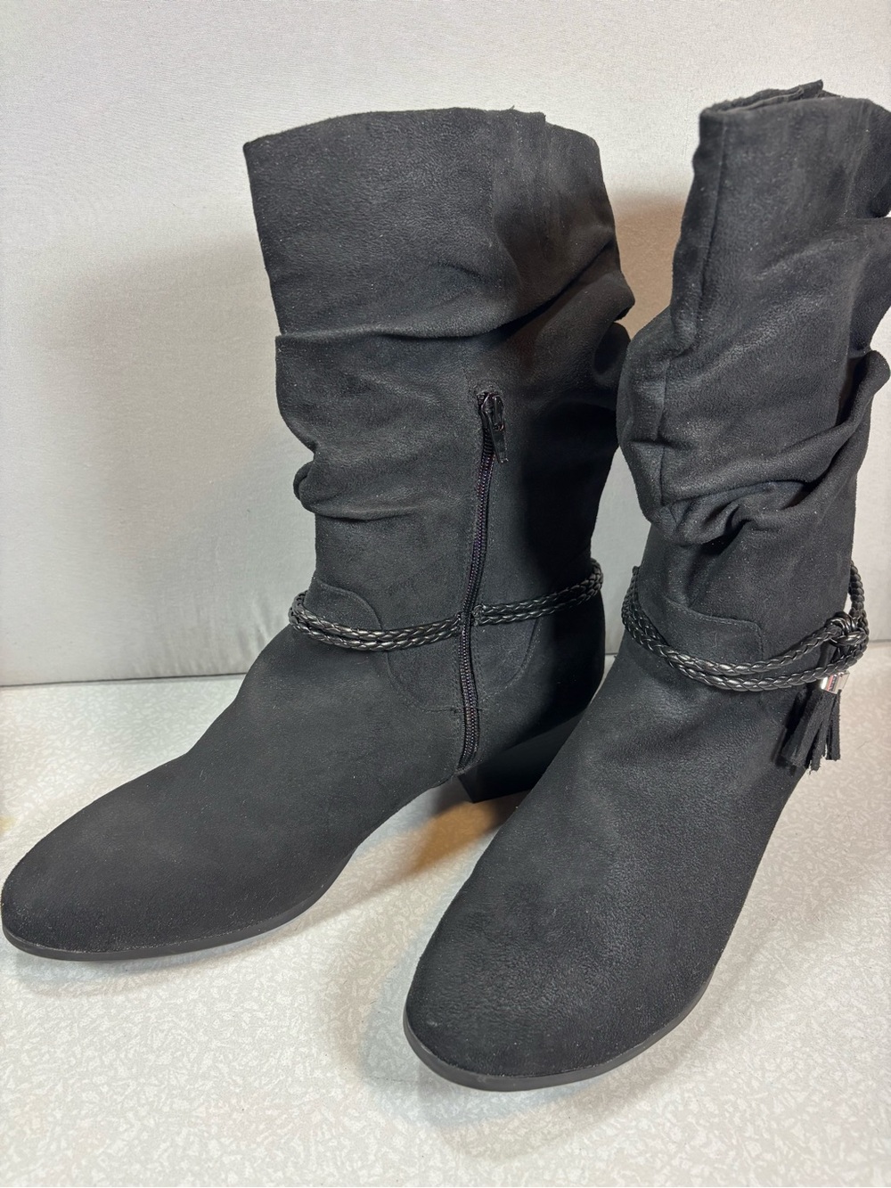 cloudwalkers Black Suede Slouchy Mid-Calf Boots with Braided Tassel Wrap Size 13